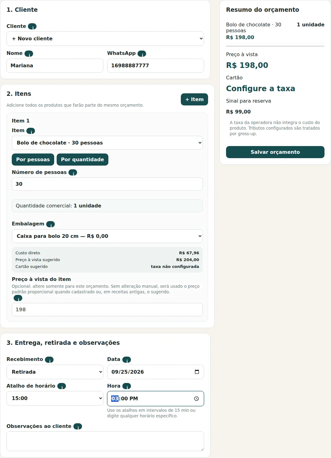 Tela real de formação de preço e orçamento no OrçaDoce Express