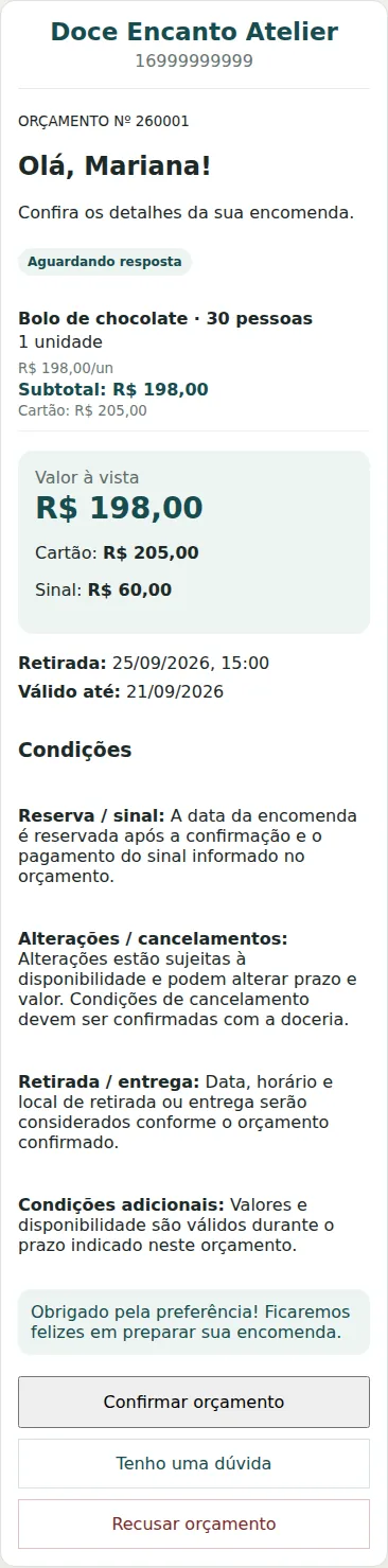 Orçamento real do OrçaDoce Express aberto no celular do cliente